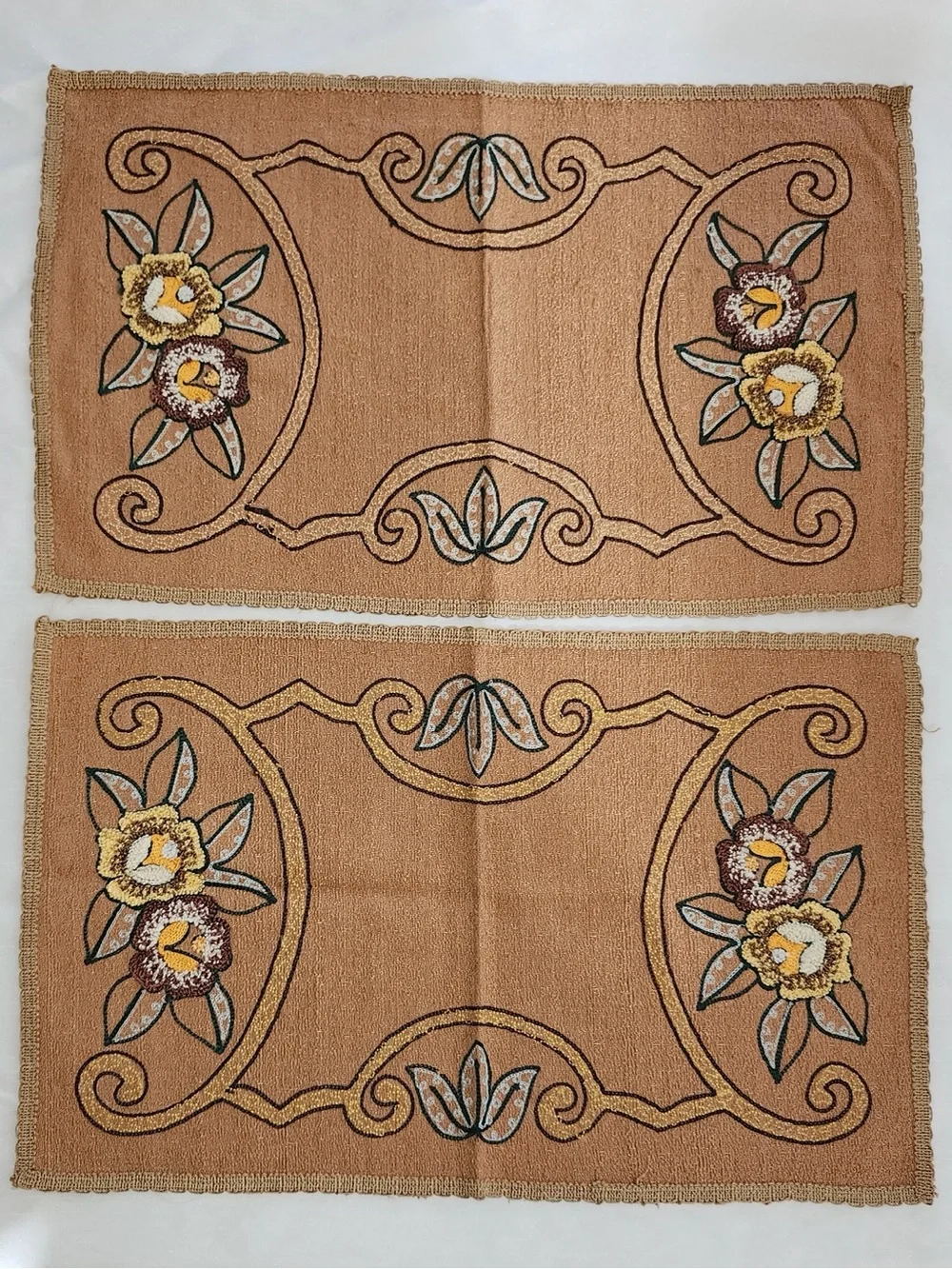 Vintage Floral Punch Needle Embroidered Arts & Crafts Style Table Runner Pair